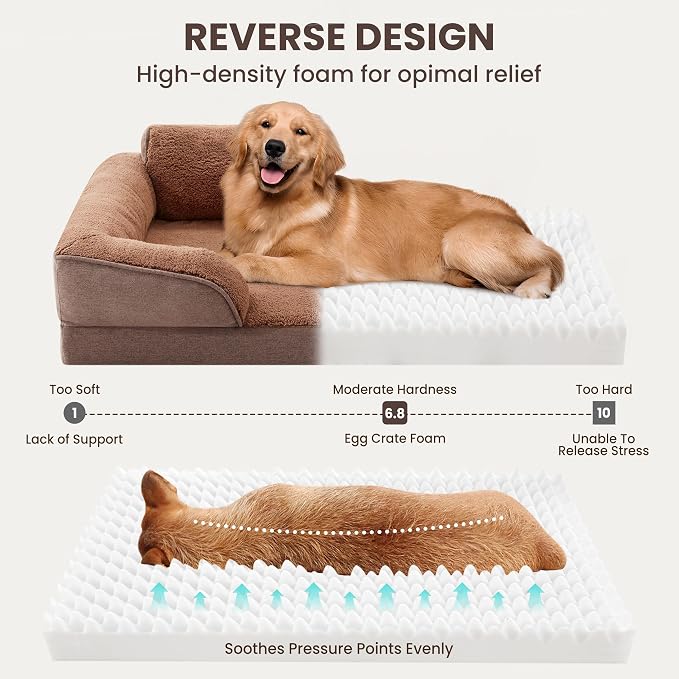 Orthopedic Dog Beds for Medium Size Dogs, Waterproof Egg-Crate Foam Pet Couch Bed with Soft Sides, Non-Slip Dog Sofa with Fleece Removable Washable Cover, 28" L Supportive Pet Sofa, Brown - Image 4