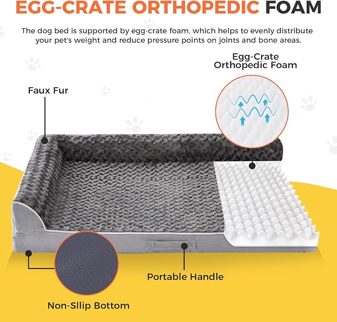 Dog Bed Large Sized Dogs, XXL Orthopedic Dog Bed for Large Dogs, Waterproof Pet Bed with Washable Removable Cover, L-Shaped Pet Couch with Portable Handle 48"x35"x7.5", Grey - Image 2