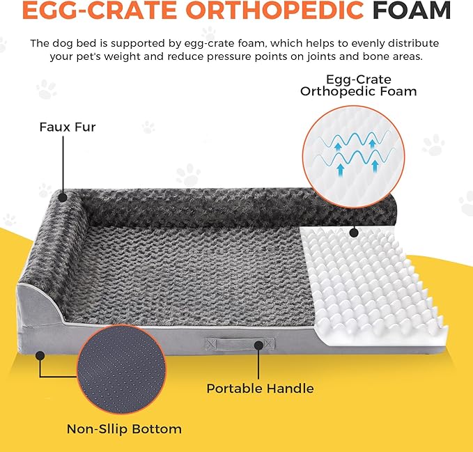 Dog Bed Large Sized Dogs, Orthopedic Dog Bed for Large Dogs, Waterproof Pet Bed with Washable Removable Cover, L-Shaped Pet Couch with Portable Handle 36"x27"x6.5", Grey - Image 2