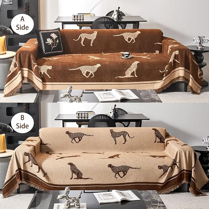 Leopard Print Chenille Sofa Cover Throw Blanket, Non-Slip Furniture Protector with Tassel Edges, Machine Washable, Pet & Kid Friendly for Living Room (Brown) (71"x165") - Image 4