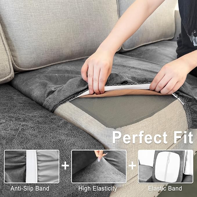 ANARACHON Leather Look Couch Cushion Covers Sofa Seat Slipcovers Sets Couches Furniture Protector for Sectional Armchair Loveseat Pets Kids Stretch Spandex Fabric (3 Cushion Sofa, Light Grey) - Image 4