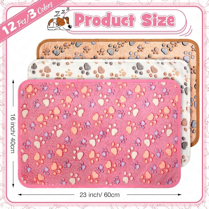 Tegeme 12 Pcs Pet Blankets 23 x 16 Inch Soft Fluffy Fleece Dog Cat Warm Paw Print Pattern Blankets Flannel Throw for Pets Dog Puppy Cat(Pink,Beige,Camel) - Image 2