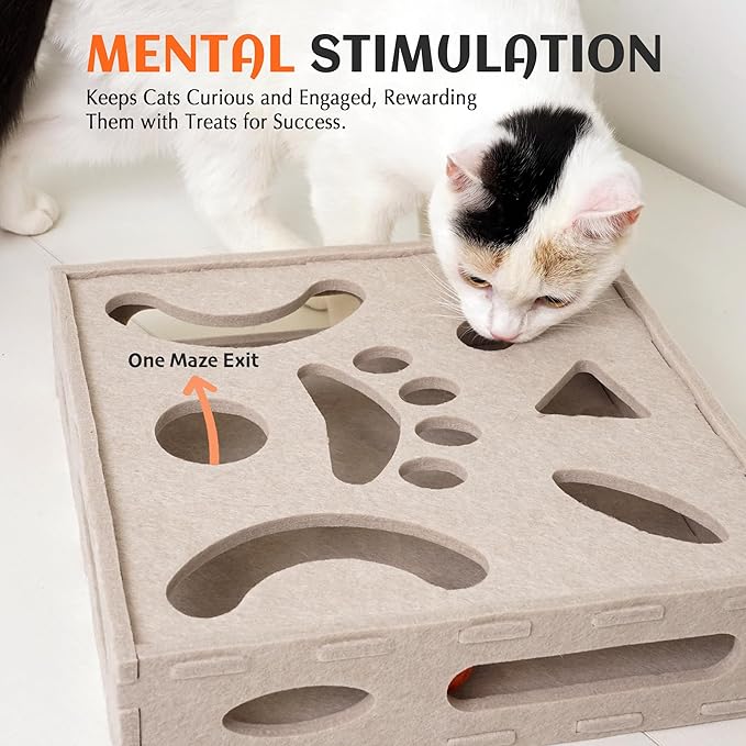 PETKARAY Felt Cat Puzzle Toy, Interactive Cat Toys for Indoor Cats, Interactive Maze for Kitten Felt Puzzle Box with Ball, Beige - Image 3