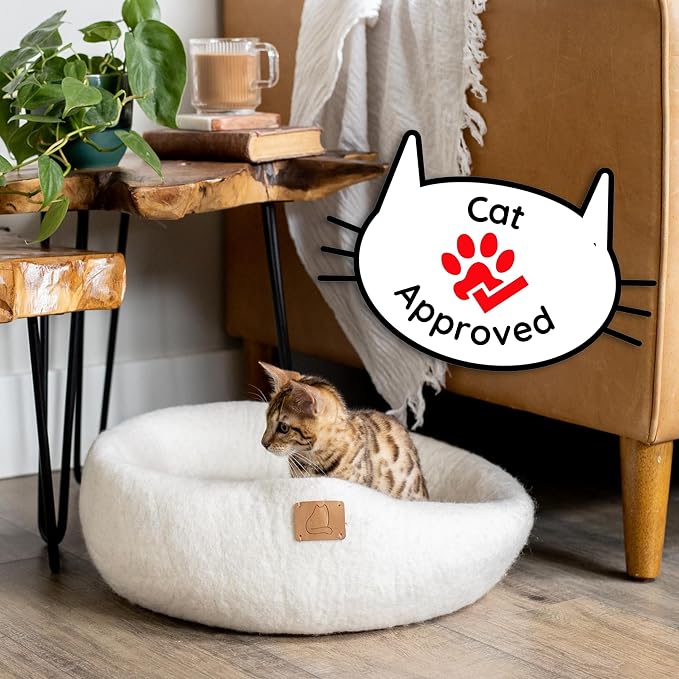Extra Thick Felted Wool Cat Cave Bed Your Pet Will Love - Cozy and Warm Hideaway for Sleeping & Relaxing - Large and Small Pets - 100% Organic, Durable, Long-Lasting Comfort (Snow White, Small) - Image 2