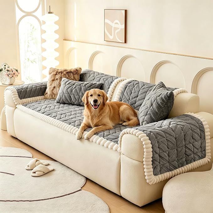 OTOB Plush Couch Arm Cover Washable, Non Slip Sofa Armchair Covers, 1 Piece | Gray, 27.6"x27.6", Pet Friendly, All Seasons, Fuzzy, Modern Geometric Jacquard, Soft Breathable, Furniture Protector by OTOB