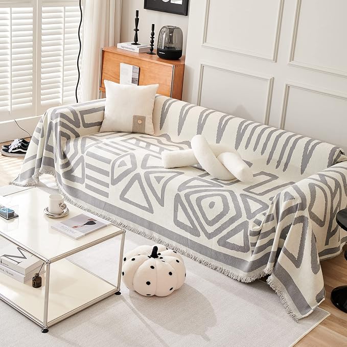 VClife Boho Sofa Covers Slipcover Protector for Oversize Couch, White Gray Plaid Triangle Jacquard Couch Cover for 3-4 Cushion Couch Sofa, Modern Living Room Furniture Protector, 71"X150" - Image 3