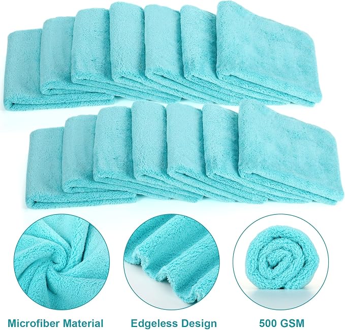 Shimeyao 30 Pcs 16 x 16 Inch Edgeless Microfiber Plush Towels for Cars Detailing Drying Wash Polishing Absorbent Cleaning Cloths, 500 GSM (Teal Blue) - Image 3