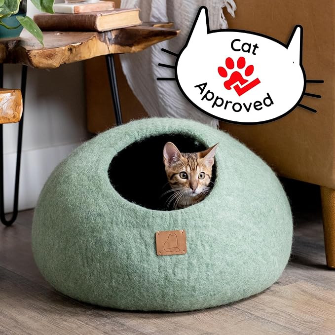 Extra Thick Felted Wool Cat Cave Bed Your Pet Will Love - Cozy and Warm Hideaway for Sleeping & Relaxing - Large and Small Pets - 100% Organic, Durable, Long-Lasting Comfort (Eucalyptus Green, Small) - Image 2