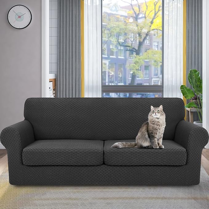 YEMYHOM Latest Checkered 3 Pieces Couch Covers for 2 Cushion Couch High Stretch Sofa Cover with 2 Extra Large Seat Cushion Covers Anti Slip Elastic Slipcovers (Black), 71"-91"(2 Cushions) - Image 2