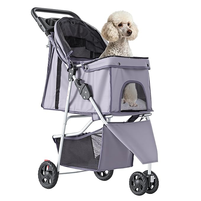 NEWBULIG 3 Wheel Pet Stroller for Dogs and Cats, Foldable, Lightweight and Durable, Ideal for Small to Medium Pets, Includes Storage Basket and Cup Holders