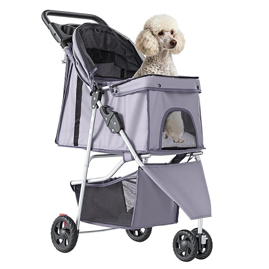 NEWBULIG 3 Wheel Pet Stroller for Dogs and Cats, Foldable, Lightweight and Durable, Ideal for Small to Medium Pets, Includes Storage Basket and Cup Holders