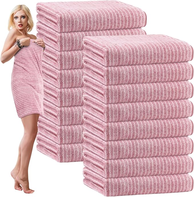 SmoothNovelty 16 Pack Microfiber Bath Towels Bulk 27'' x 60'' Oversized Size Bath Towel Highly Absorbent Extra Large Soft Drying for Beach Shower Summer Salon Sport Gym Party (Pinstripe,Pink) by SmoothNovelty