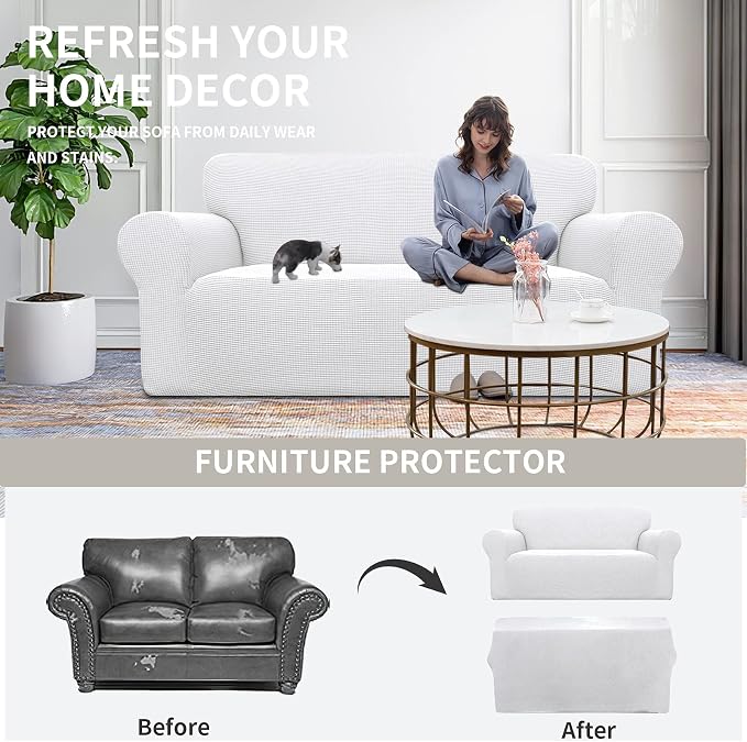 Easy-Going Stretch Oversized Loveseat Couch Covers Washable Snow White | 1-Piece Large Loveseat Cover for 2 Cushion Couch Furniture Protector RV Sofa Slipcover Soft with Bottom for Kids Pets - Image 4
