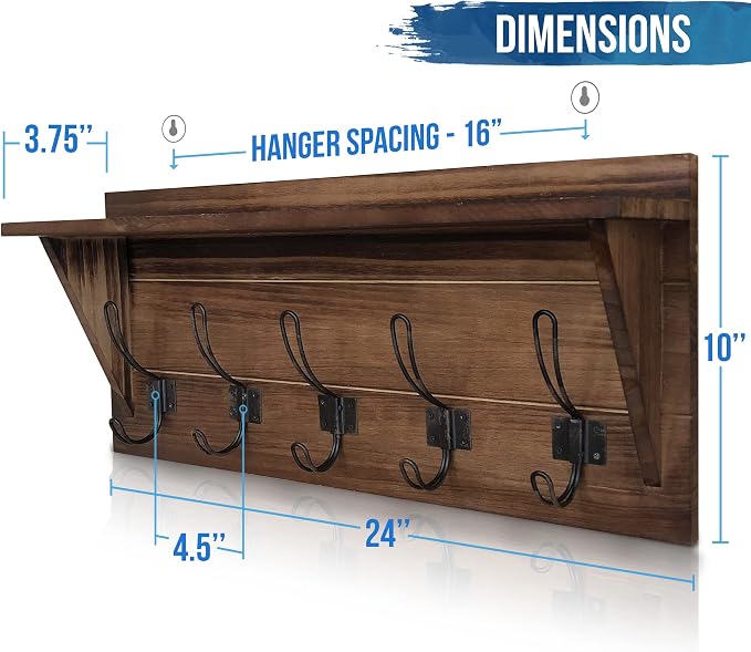 HBCY Creations Rustic Brown Solid Wood Wall Mounted Coat Rack with Shelf, 5 Hooks, 24" Long - Kitchen, Mudroom, Entryway, Bathroom - Includes Mounting Hardware, Coat Hanger, Dog Leash Hooks - Image 2