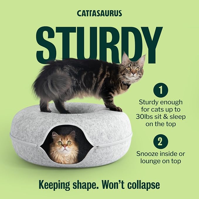 Cattasaurus Peekaboo Cat Cave Donut for Multiple & Large Cats up to 30-45 lbs, 3-in-1 Self Warming Cat Bed, Tunnel & Scratcher for Indoor Cats, Washable & Detachable Small Dog Bed (Light Gray, Jumbo) - Image 5