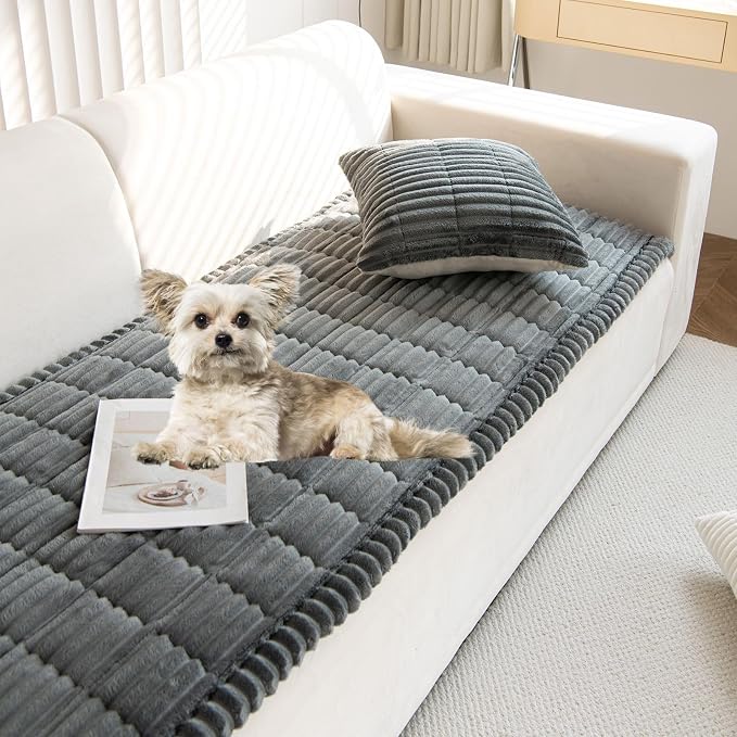 Faux Fur Plush Dog Couch Cover 3D Stripe Fuzzy Sofa Cover Non-Slip Fluffy Dog Bed Cover Pet Blanket Sofa Couch Furniture Protector for Puppy Large Dog Cat (Dark Grey,31"x63") by WelcometoXSlive
