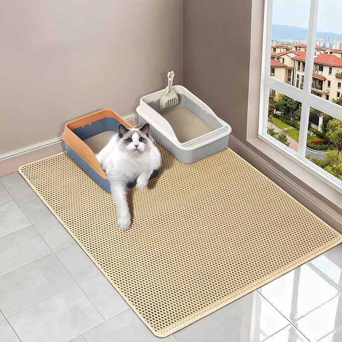 Extra Large Cat litter Mat, XL 28"x47" Litter Trapping Mat for Litter Boxes | EVA Double-Layer Honeycomb, Anti-Scatter Anti-Tracking, Non-Slip Waterproof, Less Mess, Easy to Clean(Khaki) by Unknown