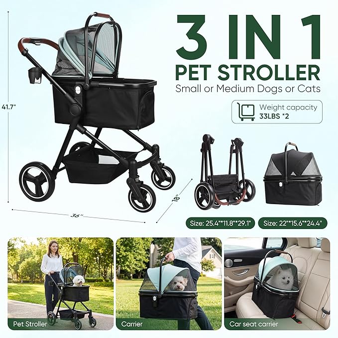 Foldable Dog Stroller, 3 in 1 Pet Stroller for Small Medium Dog Cat up to 50lbs, Detachble Portable Pet Bag, Storage Basket and One-Button Folding Frame