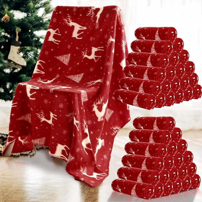 Preboun 48 Pack Bulk Christmas Soft Fleece Blankets 50 x 60 Inch Bulk Lightweight Warm Fleece Throw Blankets for Pet Bed Sofa Couch Office Wedding Gifts Travel (Deer) by Preboun