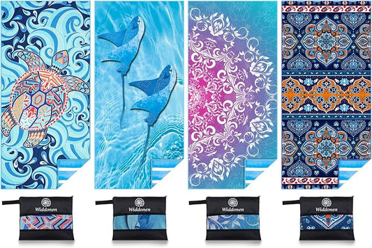 Widdonen Microfiber Beach Towel,Compact 4 Pack-71x32 Inch with Bag Travel | Extra Large,Lightweight,Thin,Sand Free,Quick Dry,Absorbent.Packable for Camping,Swim,Pool,Bath,Picnic,Cruise Essentials Gift by WIDDONEN