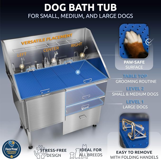 KANIS Professional Dog Washing Station 304 Stainless Steel Pet Wash Sink | Grooming Bathtub w/Shower, Floor Grates and Storage for Large, Medium & Small Pets (Silver, 50 Inches, Left Ramp, 1 Drawer) - Image 6