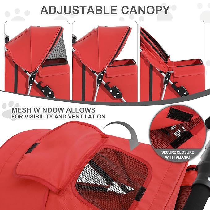MoNiBloom 3 Wheels Pet Stroller, Foldable Puppy Cage Jogger Stroller with Weather Cover for All-Season, Storage Basket and Cup Holder, Breathable and Visible Mesh for Small/Medium Pets, Red