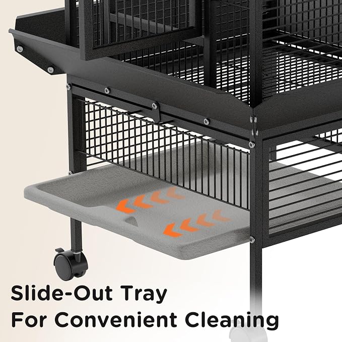 Garveehome 60 Inch Wrought Iron Large Bird Cage with Play Top, Stand | Rolling Metal Black Parrot Cage with 4 Stainless Steel Bowls for African Grey Cockatiel Sun Parakeet Conure Lovebird Budgie - Image 5