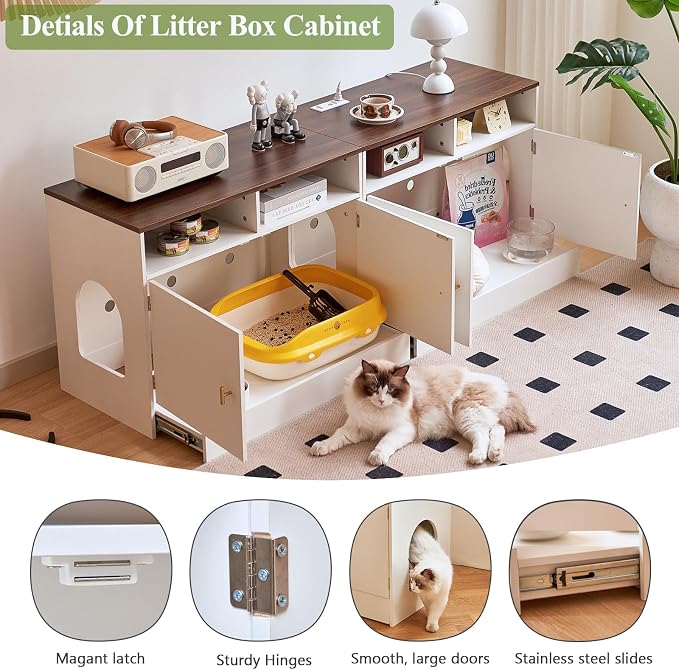 Cat Litter Box Enclosure for 2 Cats, TV Stand with Storage & Outlet, 63" Double Litter Box Enclosure Furniture, Wooden Enclosed Litter Box Cabinet, 63”L x 15.7”W x 23.6”H, White & Walnut - Image 4