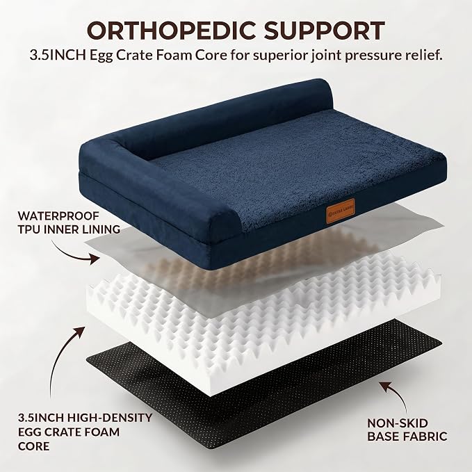 Patas Lague Orthopedic Medium Dog Bed Pet Sofa Beds 30''X20''Navy Blue | L Bolster Egg-Crate Foam Dog Couch For Medium Dogs, Waterproof Removable Washable Cover, Pet Mat with Nonskid Bottom - Image 4