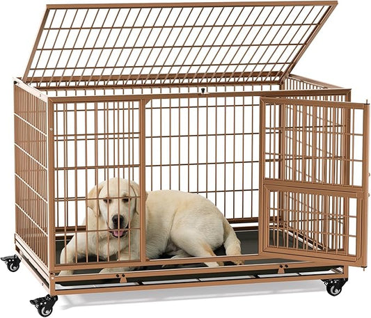 Gardner Pet 43 Inch Heavy Duty Dog Crate with Wheels, Folding Metal Dog Cage for Small/Medium and Large Dogs, Indestructible Dog Crate with Removable Tray (Brown)