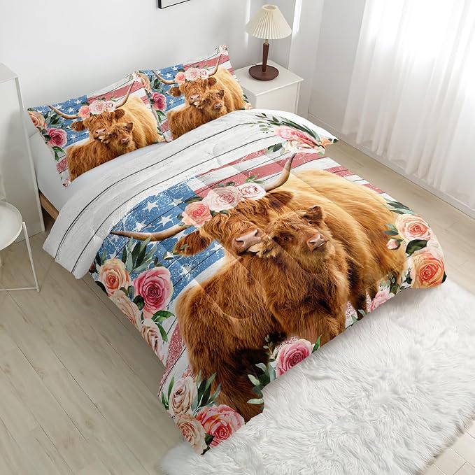 Nttopship Highland Cow Flower Comforter Sets King Size for Kids,American Flag Western Animal Bedding Sets All Season 1 Comforter and 2 Pillowcases - Image 8