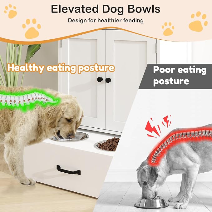 Dog Feeding Station Food Storage with 2 Elevated Stainless Bowls White Wood | Pet Organizer Cabinet With Adjustable Shelf Sliding Drawer Hidden Feeder ,Toy Organization Container for Cats & Dogs - Image 2