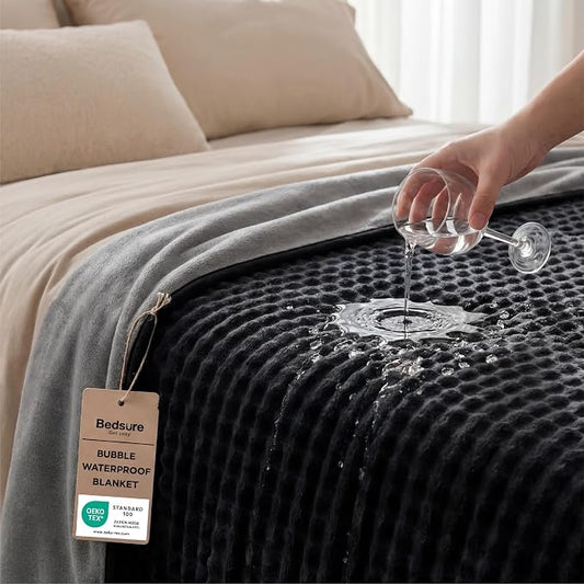Bedsure Bubble Waterproof Blanket for Bed - Soft Fleece Reversible Dog Blankets for Large Dogs, Waterproof Couch Sofa Cover Bed Protector, Black/Grey, Queen 90x90 inches by BEDSURE