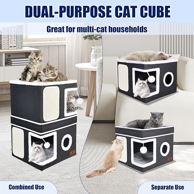 2-Story Cat House for Indoor Cats, Dual-Purpose Cat Cave Bed with Scratch Pad and Fluffy Ball, Foldable Cat Hideaway, Cute Cat Condo Furniture for Multi Small Pet Kitten, Dark Grey - Image 3