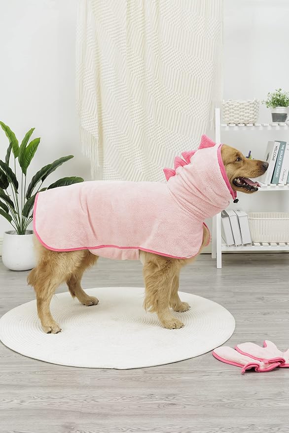 Pawyee Super Soft Fast-Drying Dog Towel Microfiber Bath Robe Design for Cats and Dogs (Medium, Pink Dino) - Image 4
