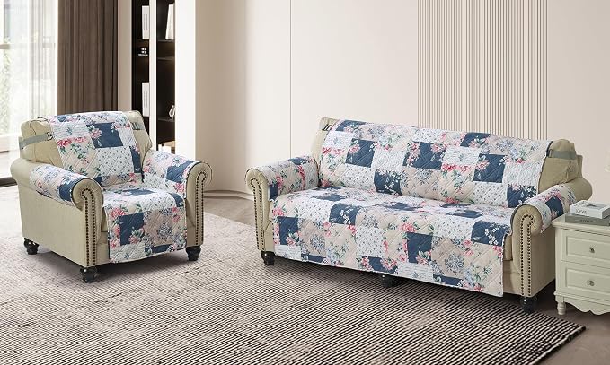 Brilliant Sunshine Vintage Indigo and Pink Roses Couch Cover, 78" seat | Traditional Patchwork Design, Non Slip Sofa Cover, Quilted Furniture Protector, Extra Large Washable Slipcover for Pets - Image 3