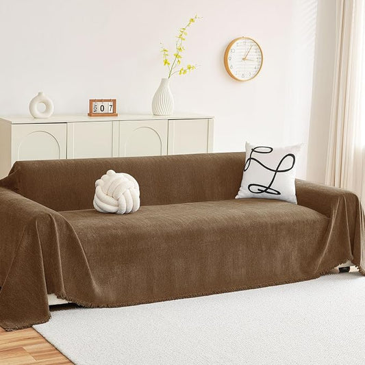 hyha Couch Cover for Dogs, Boho Chenille Sofa Cover for 3 Cushion Couch | Anti-Scratch Washable Sofa Slipcover, Loveseat Sectional Couch Throw Blankets with Tassels (Chocolate, 88.5x118 Inch) by hyha