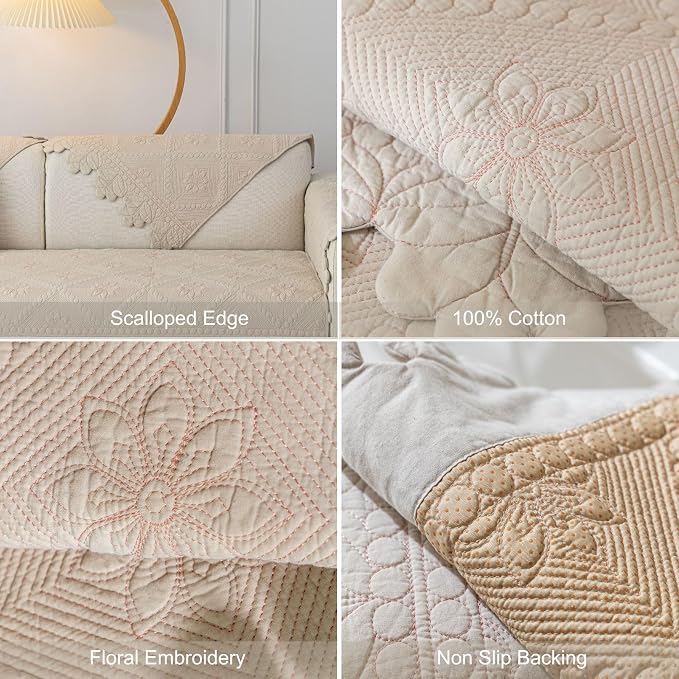 Cotton Quilted Dog Couch Cover for Sofa Farmhouse Rustic Embroidery Sectional Couch Cover Soft Anti-Slip Sofa Slipcover Furniture Protector for Kids, Pets (Khaki,28"x82") - Image 7