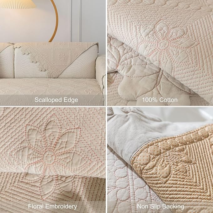 Cotton Quilted Dog Couch Cover for Sofa Farmhouse Rustic Embroidery Sectional Couch Cover Soft Anti-Slip Sofa Slipcover Furniture Protector for Kids, Pets (Khaki,43"x82") - Image 7
