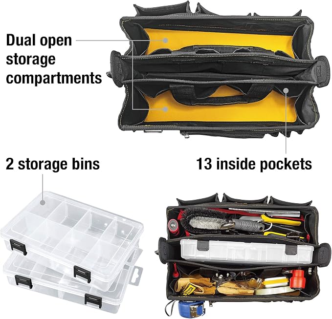 Cat 17-Inch Tech Tool Tote Bag with 20 Pockets, 2 Storage Bins for Small Parts, Dual Compartments, Shoulder Strap, and Hi-Vis Interior – Heavy-Duty 1200D Polyester - 240045 - Image 3