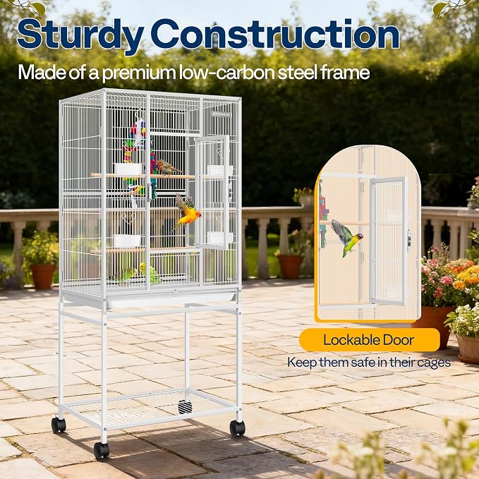 VIVOHOME 54 Inch Wrought Iron Large Bird Cage with Rolling Stand | Bird Flight Cage with Stand, Casters, Slide-out Tray for Parakeets Canaries Parrot Cockatiels Lovebirds Conures, Whtie - Image 5