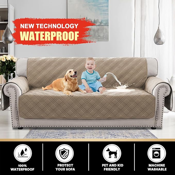 PrinceDeco 100% Waterproof Couch Cover for 3 Cushion Couch Sofa Pet Friendly Non-Slip Couch Cover for Dogs Washable Water Resistant Furniture Protector with Elastic Straps(XL Sofa 78", Taupe) - Image 2