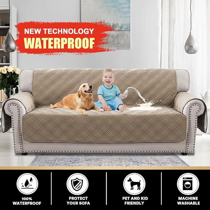PrinceDeco 100% Waterproof Couch Cover for 3 Cushion Couch Sofa Pet Friendly Non-Slip Couch Cover for Dogs Washable Water Resistant Furniture Protector with Elastic Straps(Sofa 68", Taupe) - Image 2