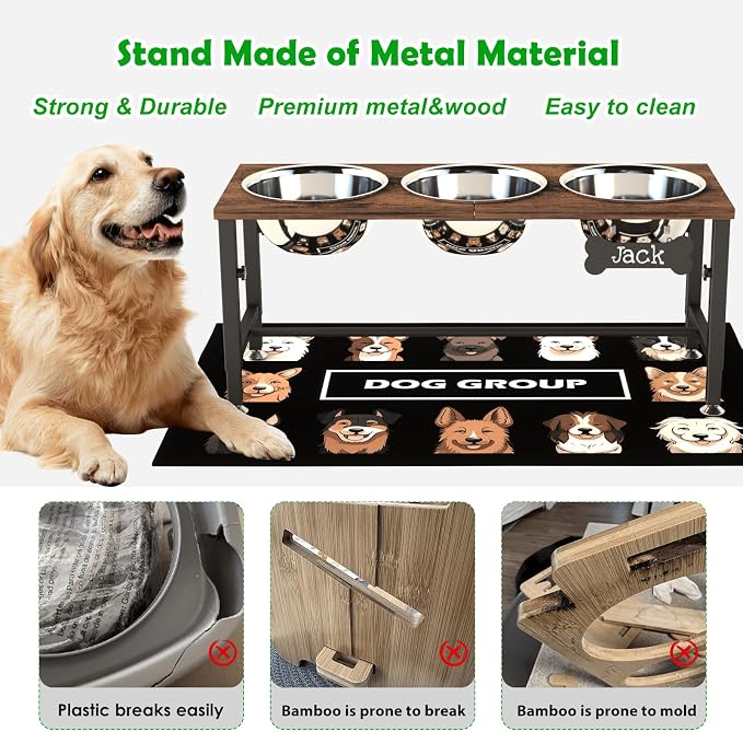 SHAINFUN Adjustable Height Elevated Dog Bowl Stand – Wooden Raised Dog Bowls with Three 58oz Stainless Steel Bowls & Mat for Small to Large Dog Breeds - Image 6