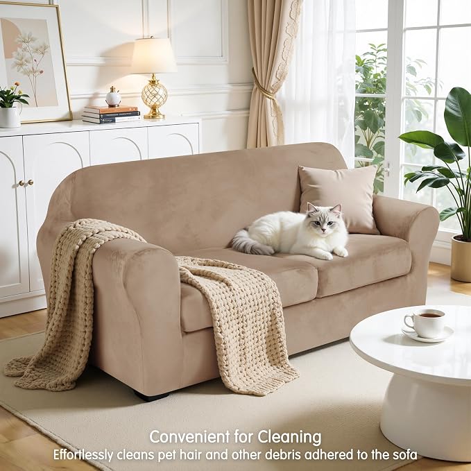 CHUN YI 3 Piece Velvet Couch Covers for 2 Cushion Couch, Water Resistant Loveseat Covers, Non Slip High Stretch Thick Furniture Protector for Dogs Pets, Medium, Camel - Image 7