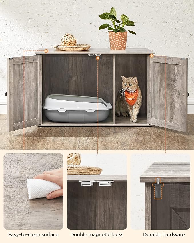 Feandrea Cat Litter Box Enclosure, Litter Box Furniture Hidden with Removable Divider, Indoor Cat House, End Table, 31.5 x 20.9 x 19.7 Inches, Greige UPCL002G01 - Image 8