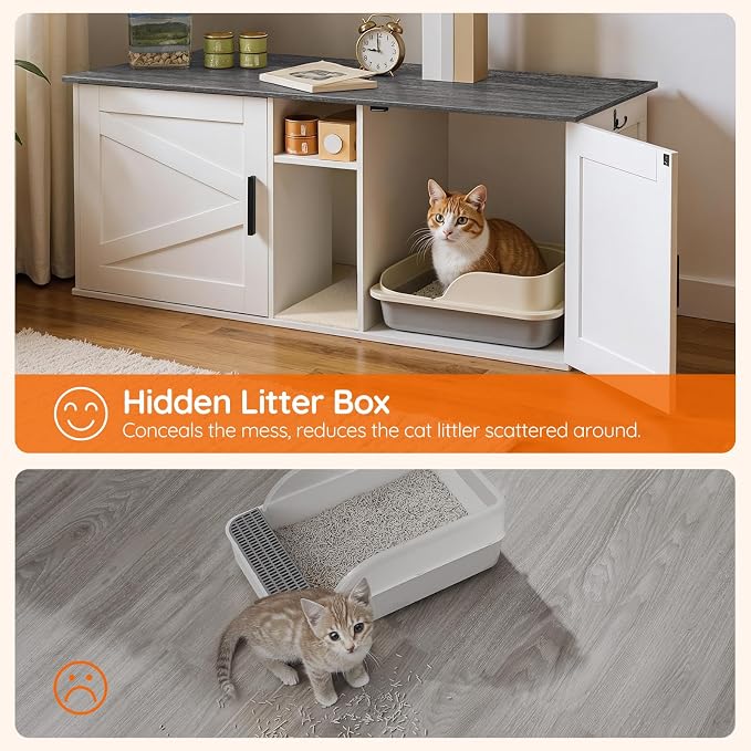 HOOBRO Double Litter Box Enclosure, Modern Cat Litter Box Furniture with Storage and Mat Design, Farmhouse Hidden Litter Box Enclosure with 2 Hooks, White and Charcoal Gray BW23MW01 - Image 7