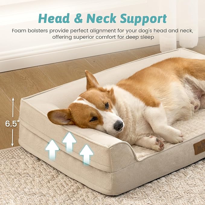 COZY KISS Orthopedic Dog Bed for Small Medium Size Dogs, Bolster Pet Couch with Waterproof Lining, Egg Crate Foam Sofa for Pets Up to 30 lbs, U-Shaped, 30x20x6.5 inch, Beige - Image 5