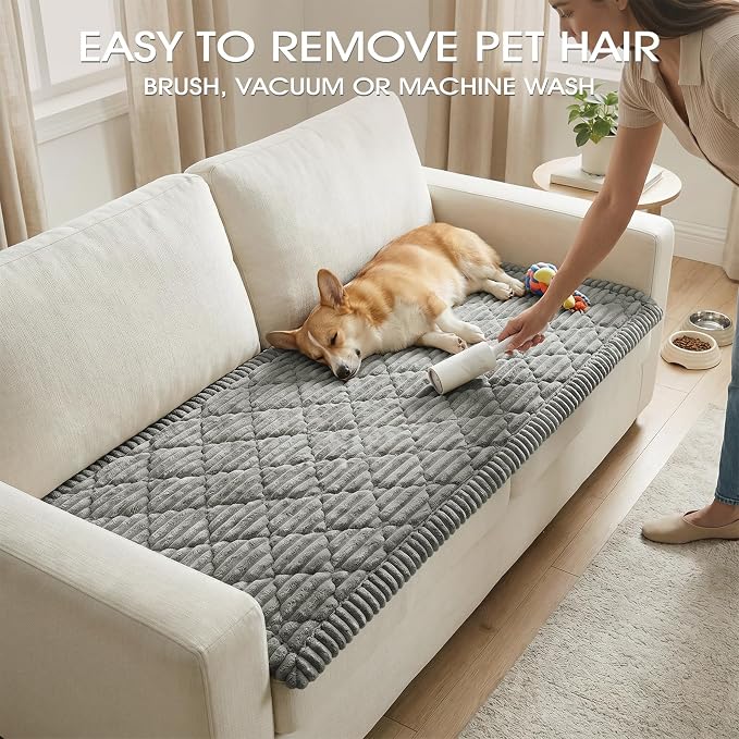 Non-Slip Washable Couch Cover for Dogs, Thick Plush Grid Flannel | 27.6"x70.9", Light Gray, 0.8" Thick, Rubber Dot Backing, Pet-Friendly Protector for Sofa, Floor, Window Seat, Car or Camping - Image 6