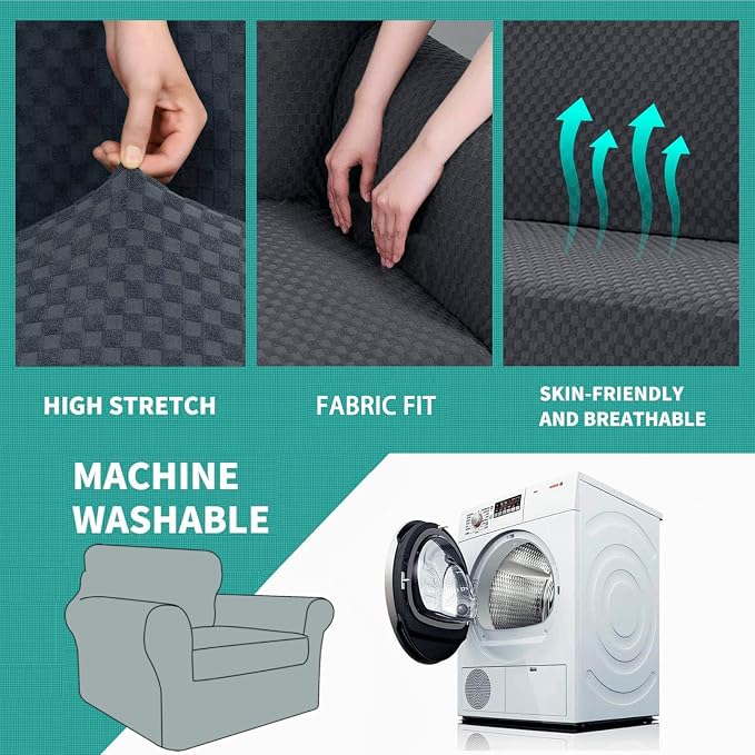 YEMYHOM Latest Checkered 2 Pieces Chair Covers for Living Room High Stretch Thickened Chair Slipcovers with Arms Anti Slip Elastic Armchair Sofa Couch Protector (Dark Gray), 31"-46"(1 Cushion) - Image 5